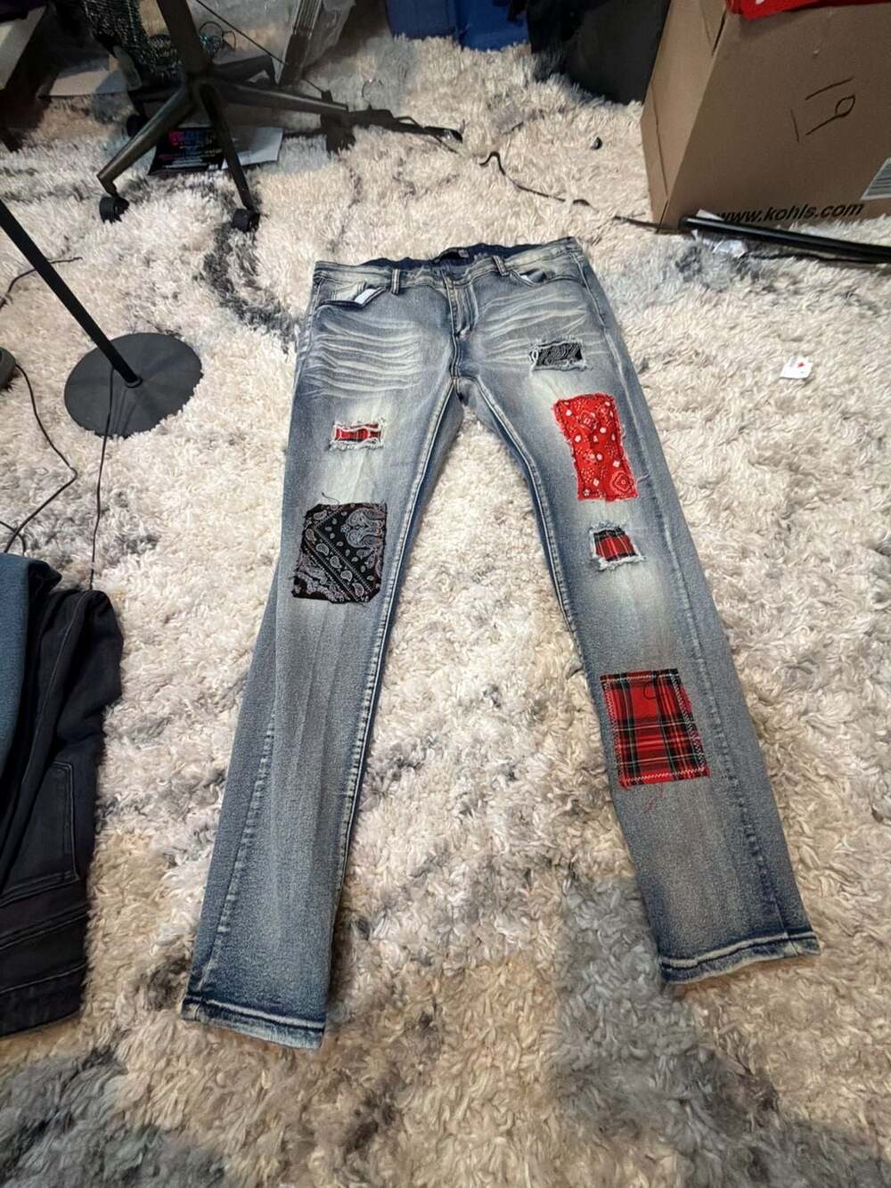 Blue Cult Men's Distressed Patchwork Jeans with Bandana and Plaid Details